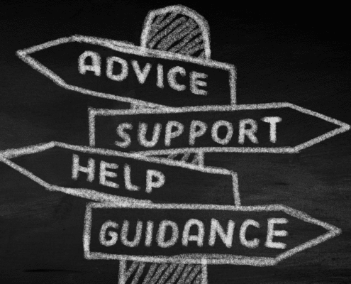 Chalkboard drawing of directional signs labeled 'Advice,' 'Support,' 'Help,' and 'Guidance' pointing in different directions.